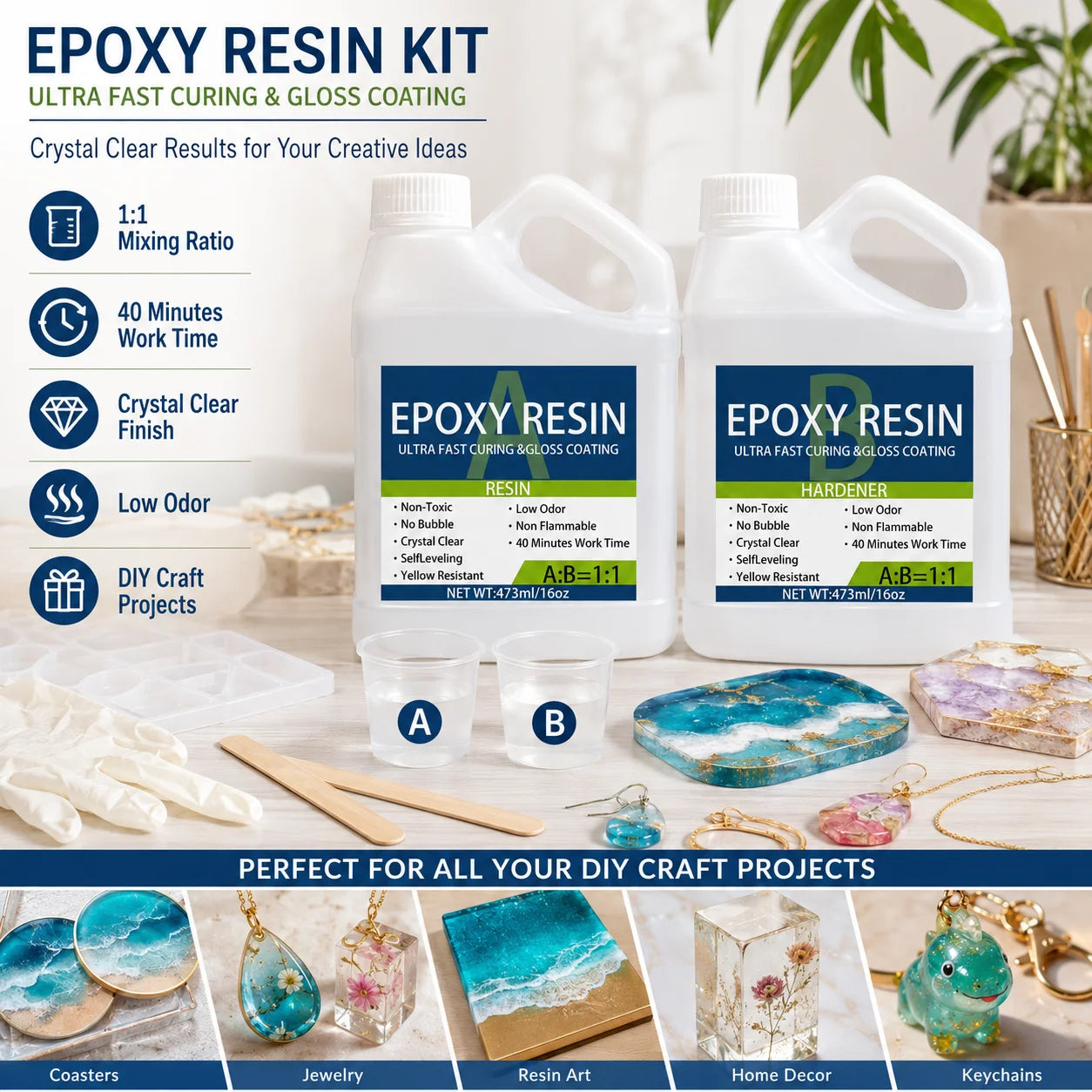 Kit Résine Époxy Transparente – Moulage, Bijoux et Créations Déco